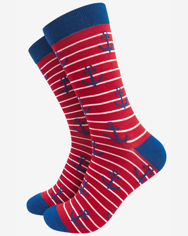 Red Stripe Anchor Mens Socks