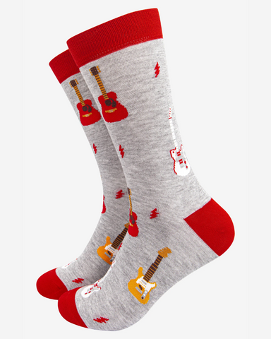 Grey & Red Guitar Print Mens Socks