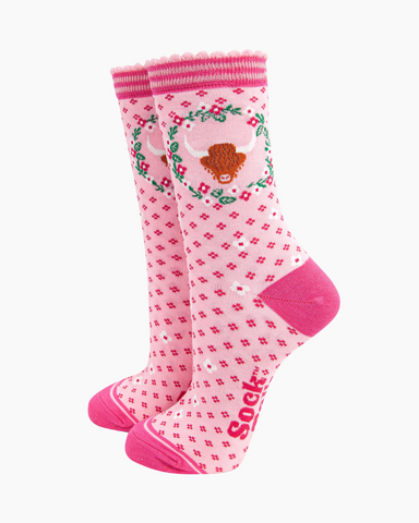 Floral Highland Cow Wreath Ladies Socks Assorted