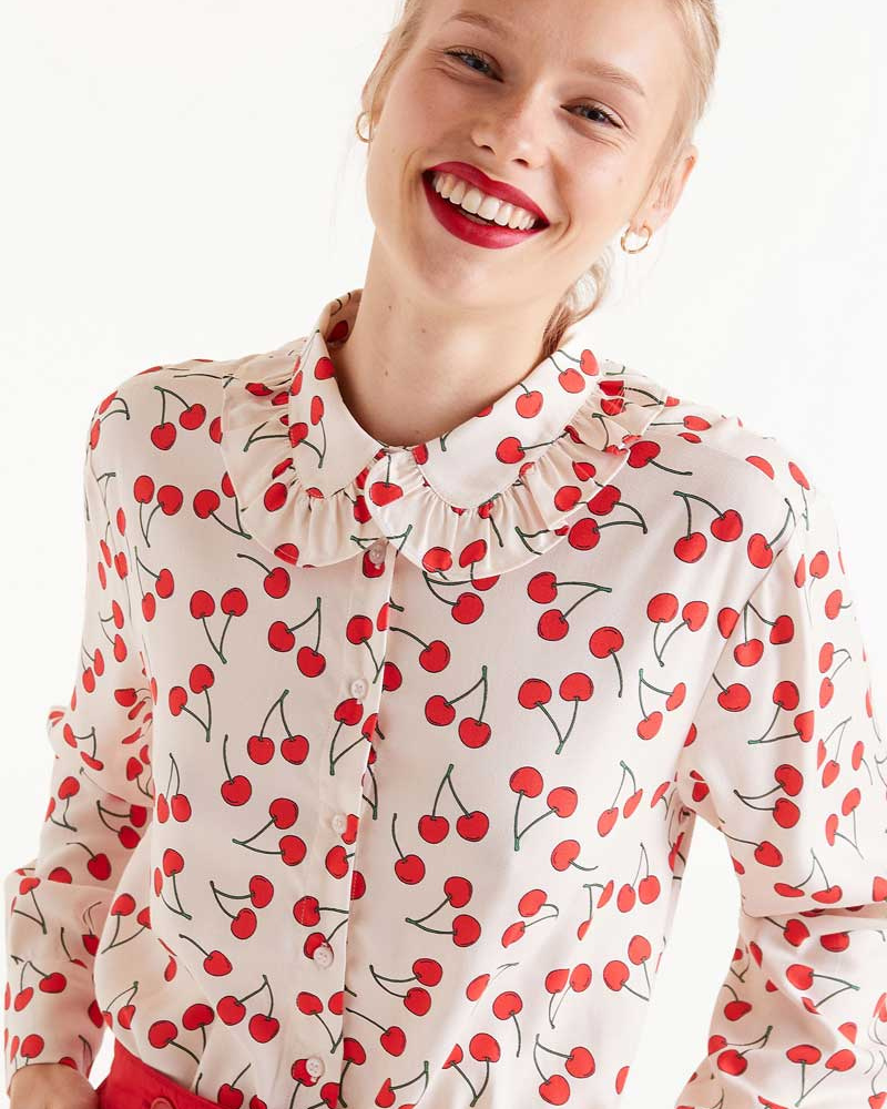 Cherries Print Frill Collar Blouse