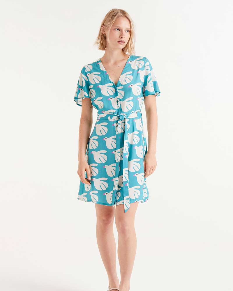 Doves Print Belted Short Dress