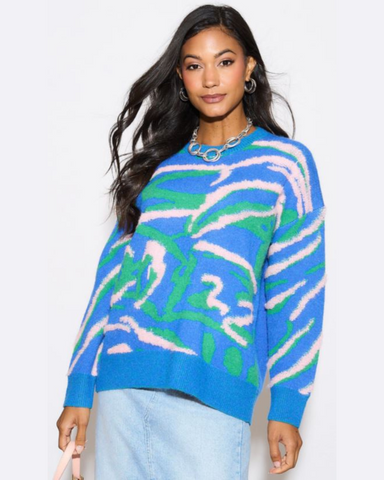 Abstract Lines Print Knit Jumper in Blue