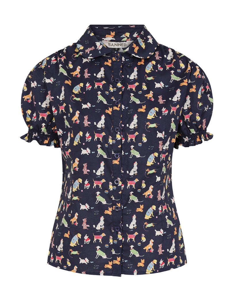 Navy Star Woof Dog Print Blouse