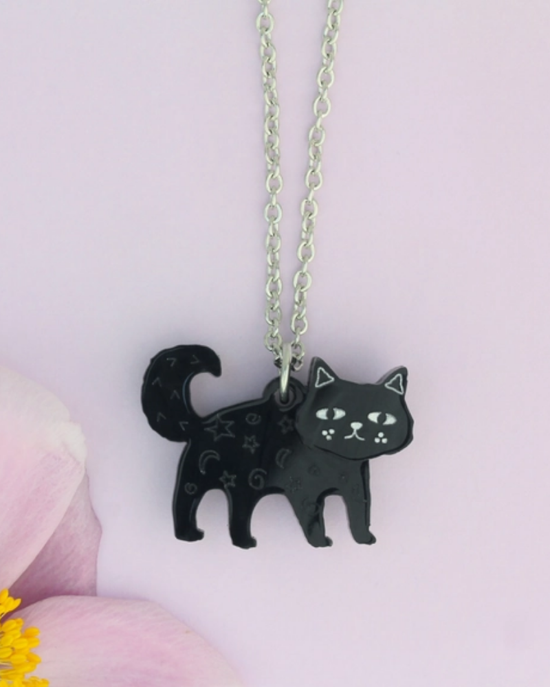 Mini Cat Charm Necklace Black & Cream