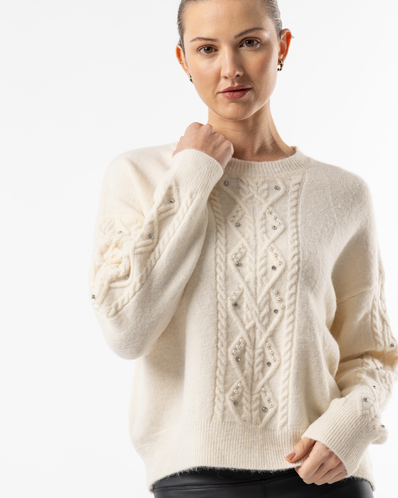 Cable Knit Diamante Jumper in Cream