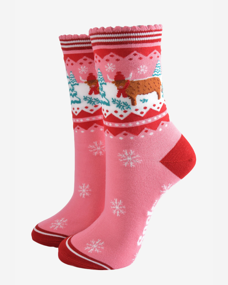 Christmas Highland Cow | Ladies Bamboo Socks