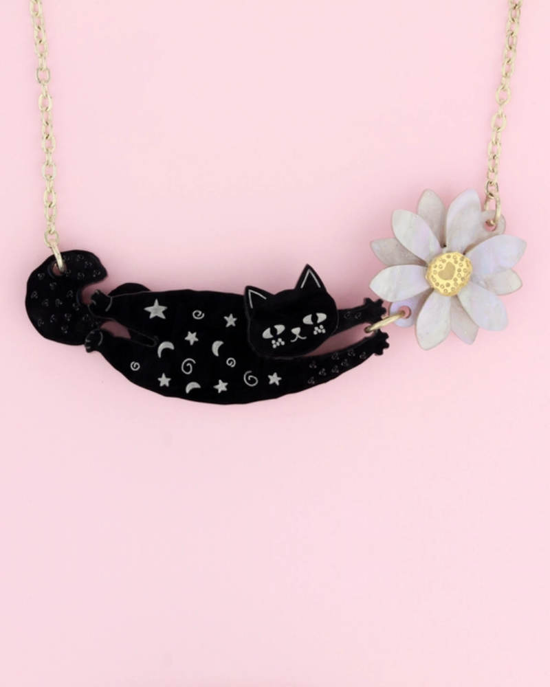 Cat & Big Flower Statement Necklace Black & Cream