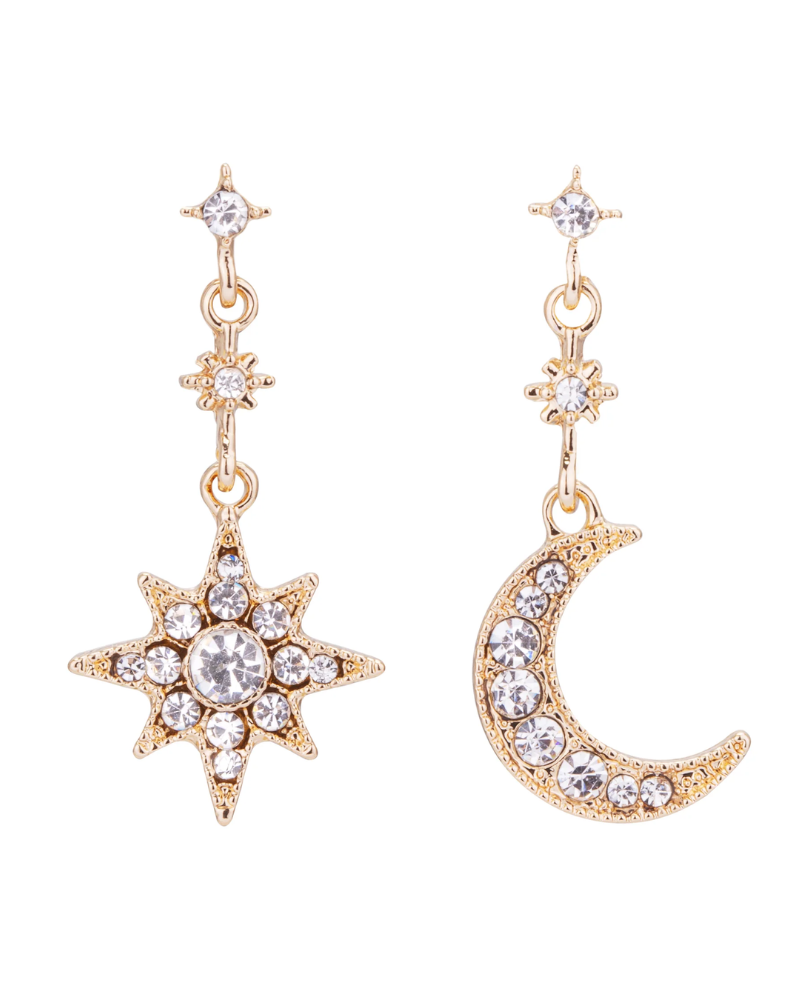 Kylie Crystal Moon & Star Drop Earrings Gold