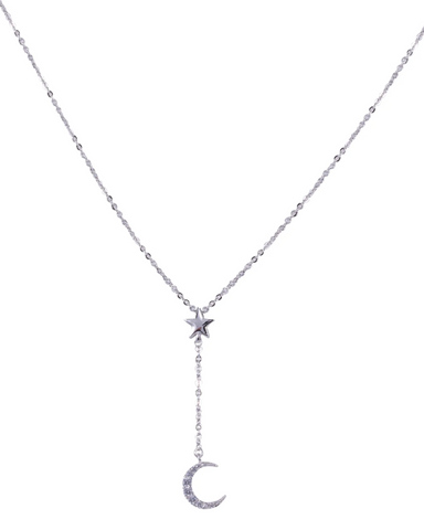 Keira Moon/ Star Short Drop Necklace White Gold