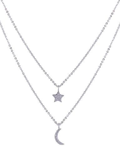 Keira Moon/ Star Layered Short Necklace White Gold