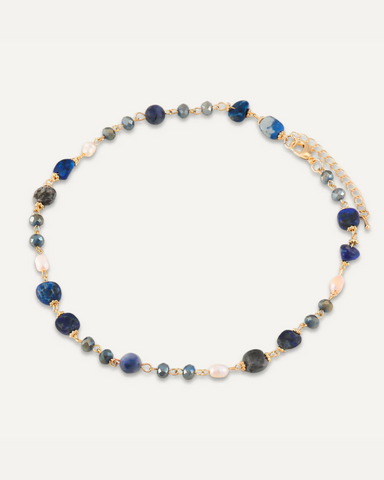 Venus Blue Semi-Precious Stones & Fresh Water Pearl Short Necklace Gold