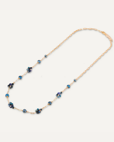 Venus Blue Crystal Cluster Long Necklace Gold