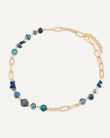 Venus Blue Semi-Precious Stone & Crystals Chain Necklace Gold