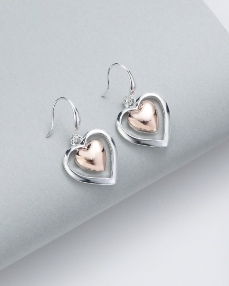 Double Heart Silver And Rose Gold Drop Earrings