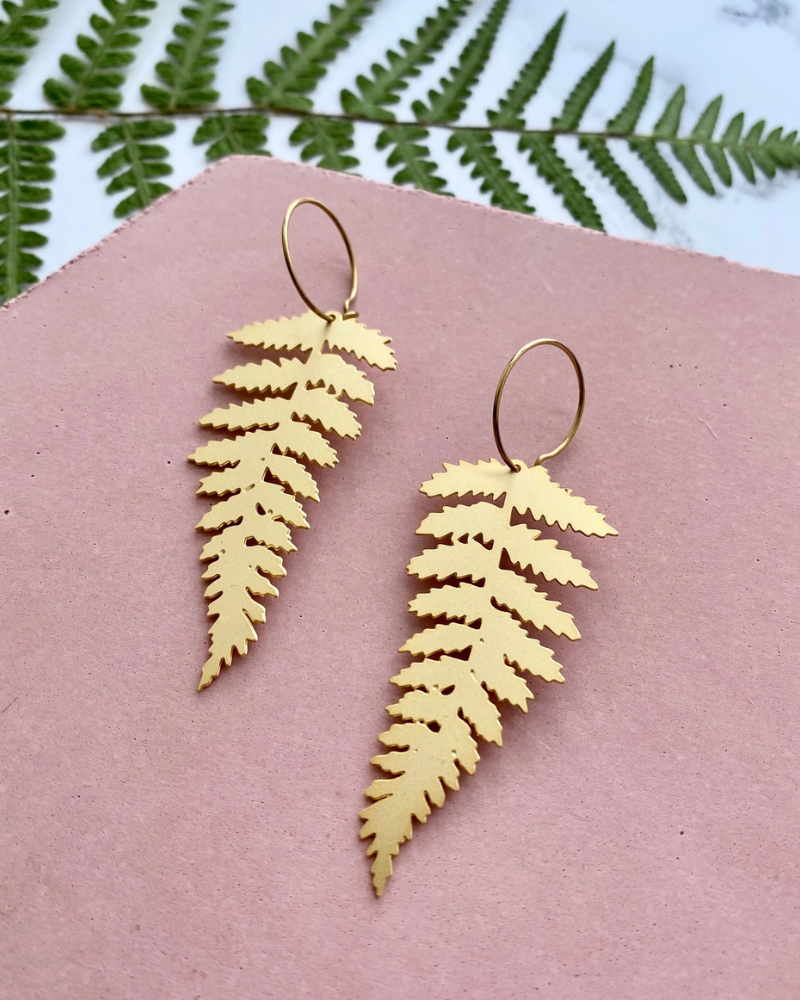 Gold Fern Leaf Statement Hoop Earrings