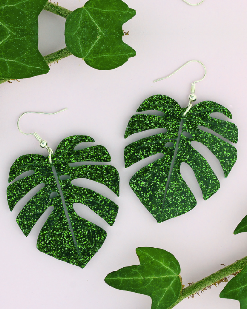 Glitter Monstera Drop Earrings