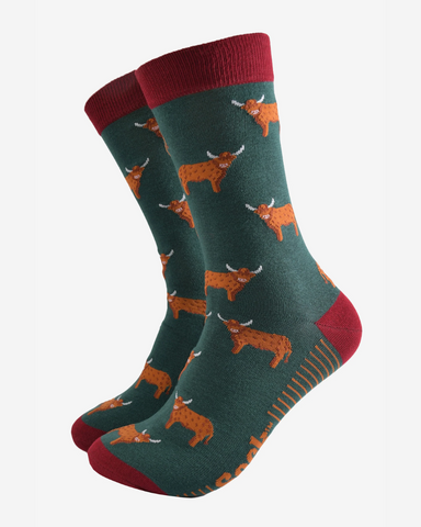 Green & Red Highland Cows | Men's Bamboo Socks