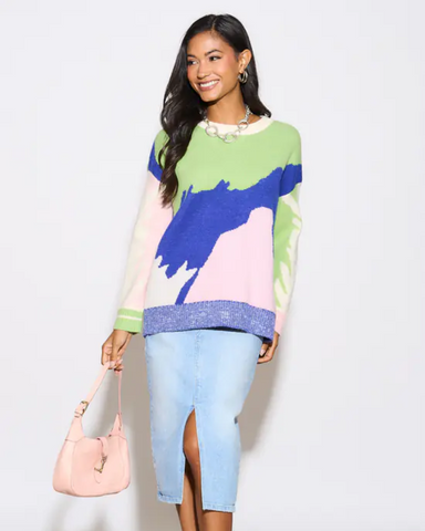 Abstract Art Print Knit Jumper in Green