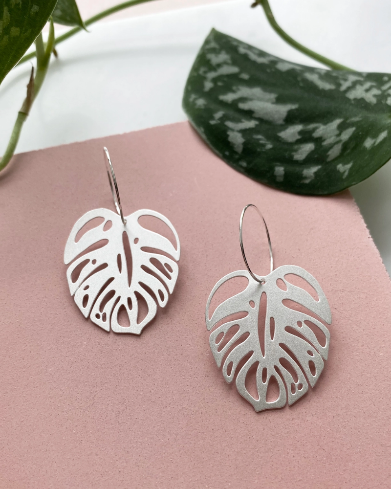 Silver Monstera Leaf Hoop Earrings