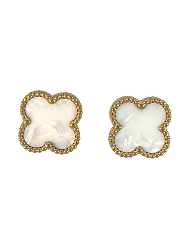 White Four Leaf Clover Stud Earrings 18K Gold Plated