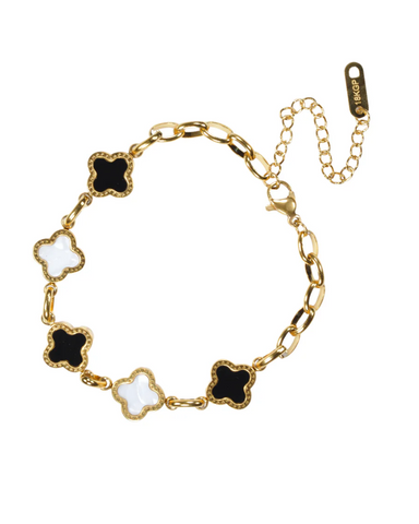 Black & White Four Leaf Clover Bracelet 18K Gold Plated