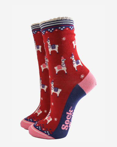 Winter Party Llamas | Red | Ladies Bamboo Socks