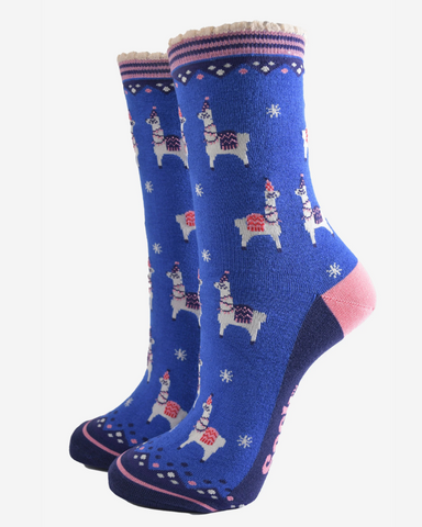 Winter Party Llamas | Blue | Ladies Bamboo Socks