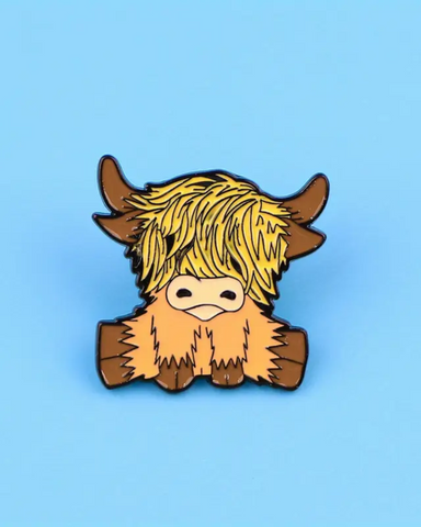 Sitting Cartoon Highland Cow Enamel Pin Badge