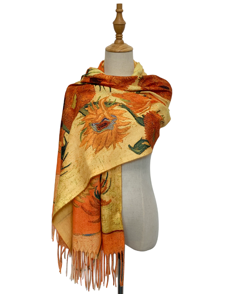 Van Gogh Sunflowers Print Wool Tassel Scarf