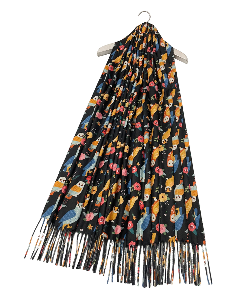 Owl & Floral Wool Tassel Scarf