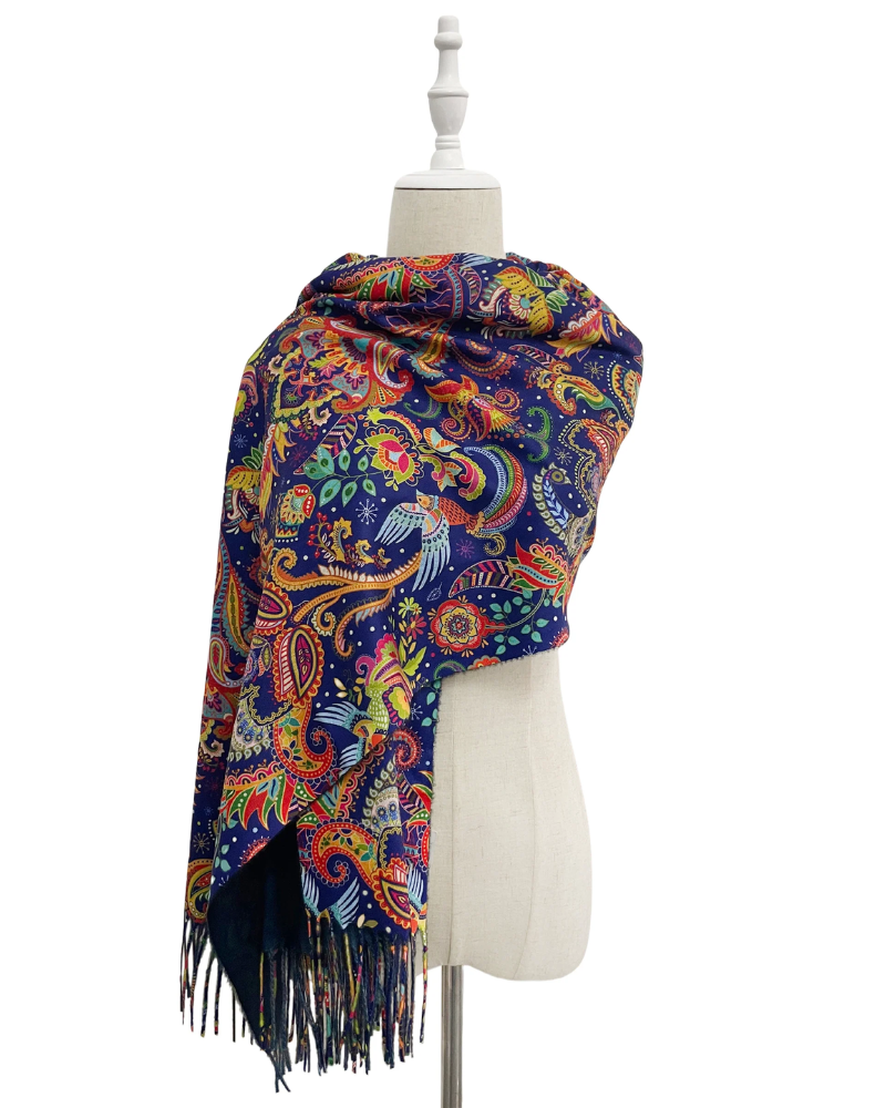 Paisley & Bird Print Wool Tassel Scarf