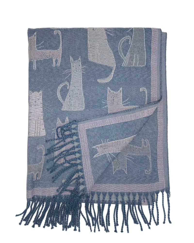 Denim Blue Cat Print Reversible Woven Wool Scarf