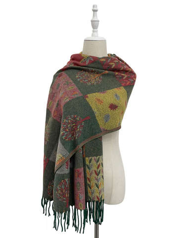 Patchwork Tree Print Reversible Woven Wool Tassel Scarf