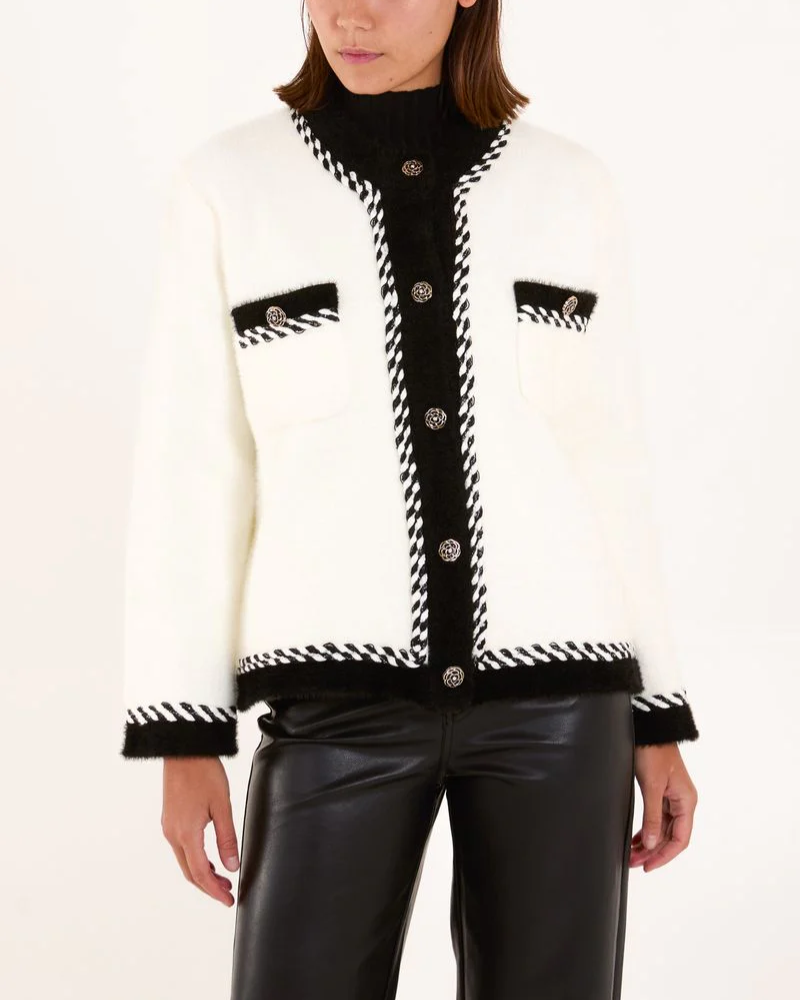 Cream Contrast Trim Knit Jacket