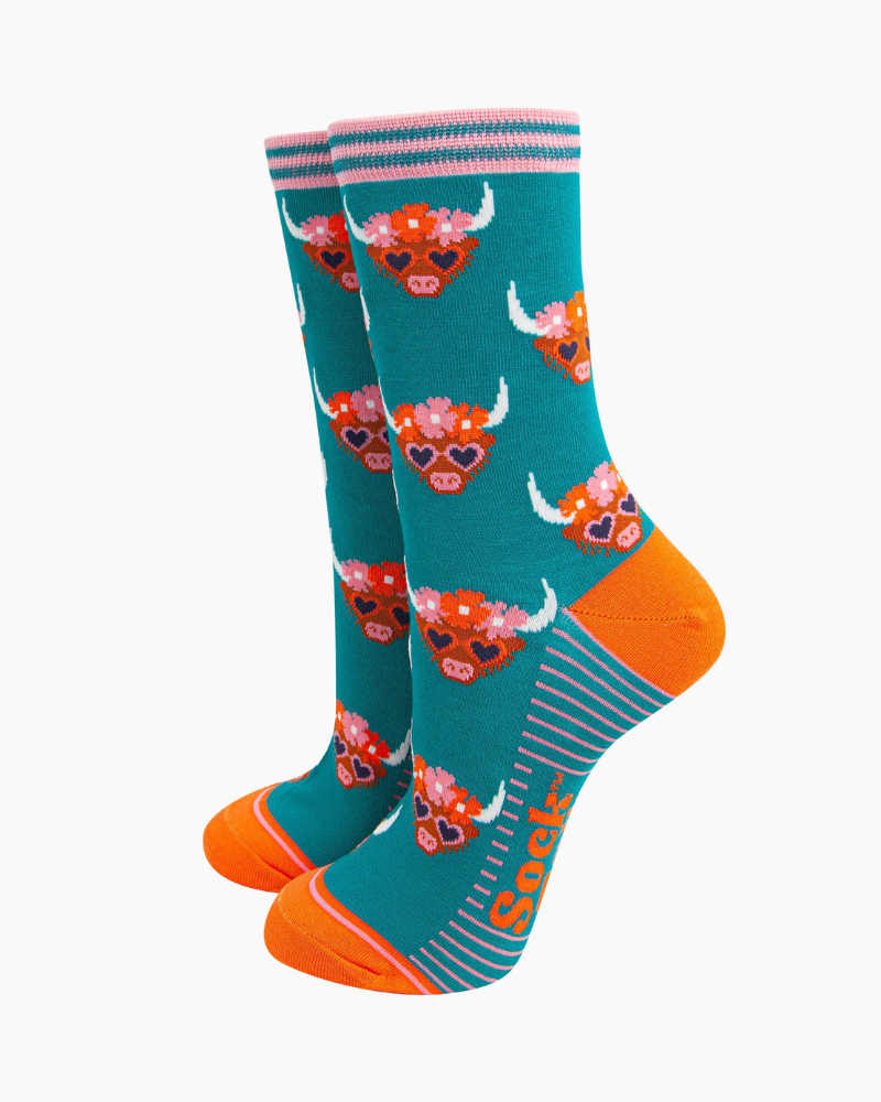 Teal Flower Crown Highland Cow Ladies Socks