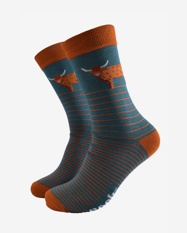 Teal Stripe Highland Cow | Men's Bamboo Socks