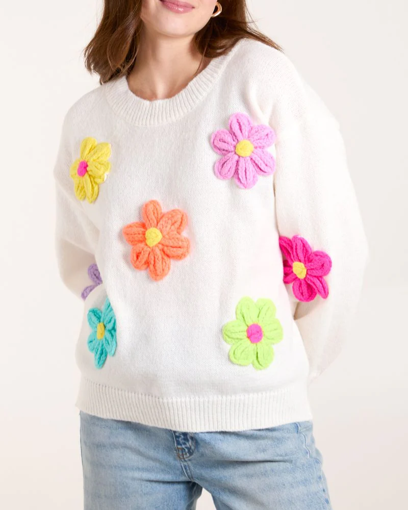 Knitted Flowers Crew Neck Jumper